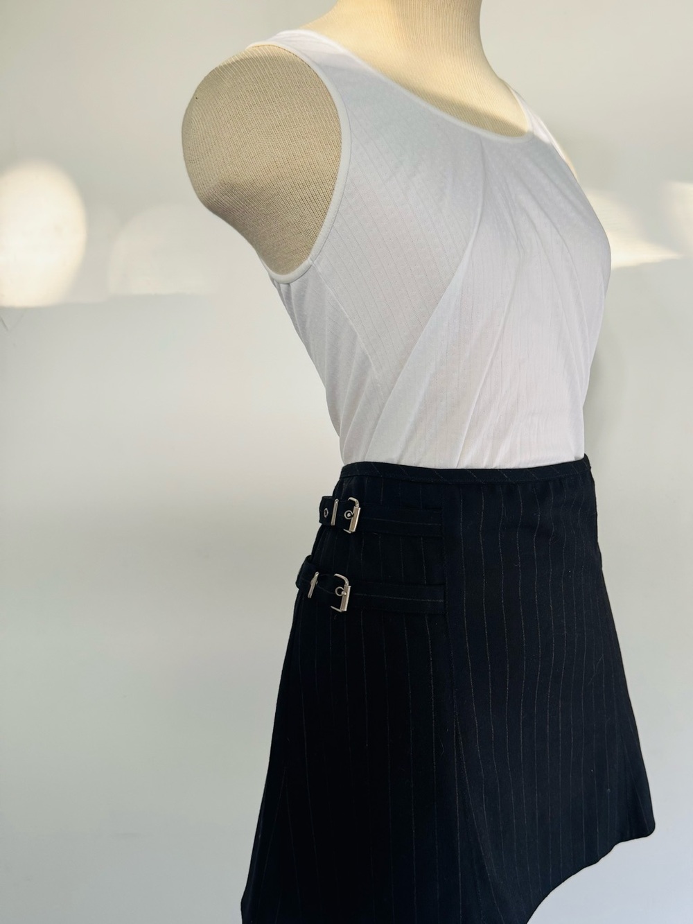 Vince Black Pinstripe Mini Skirt with Double Side Buckles